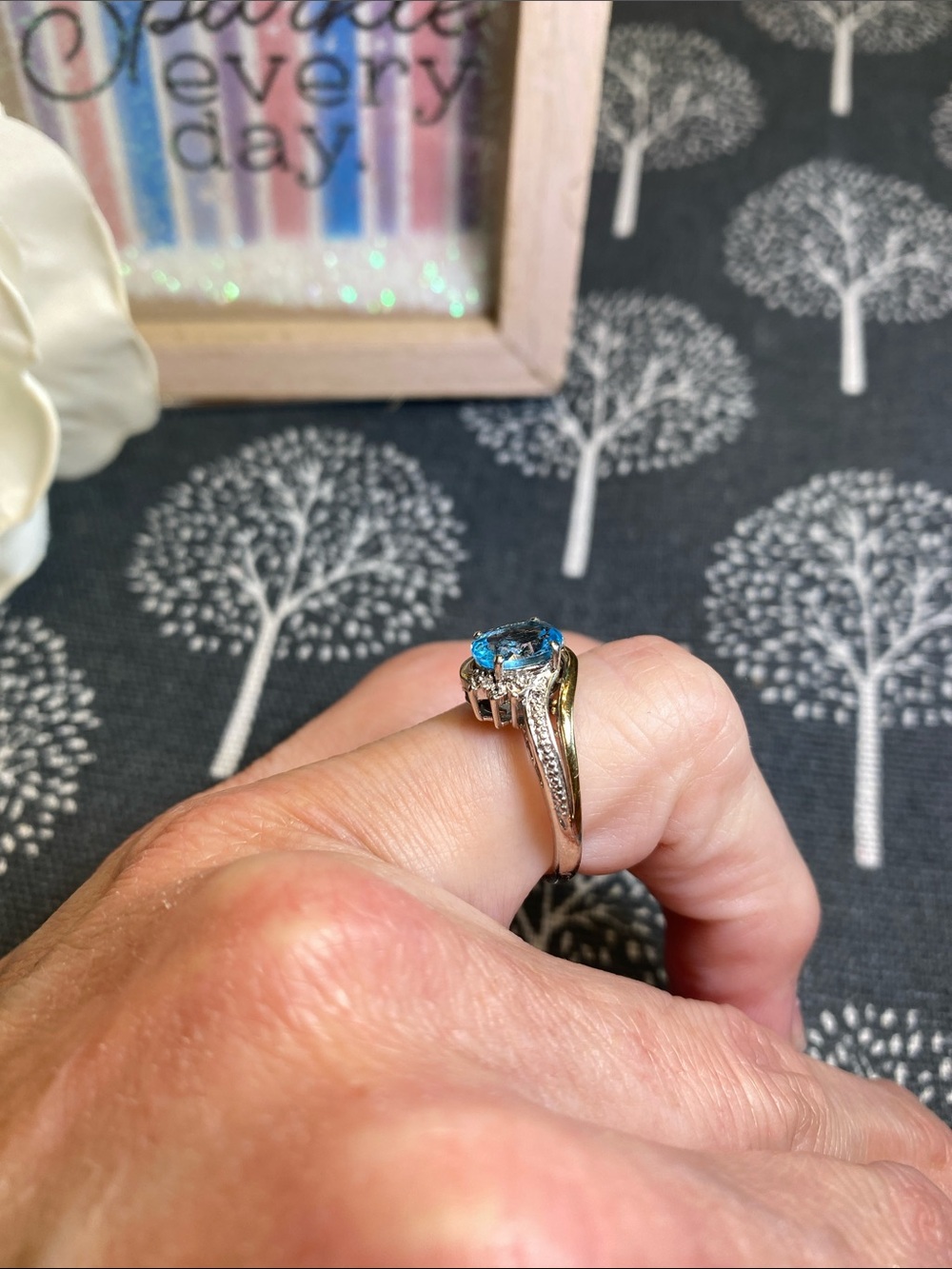 10k gold & 925 Blue Topaz and Diamond Accent Two-Tone Ring - Picture 6 of 12